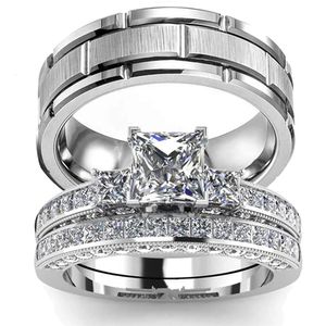 Solitaire Ring Paar Ringen Dames Prachtige Strass Zirkonia Ringen Set Eenvoudig Roestvrij Staal Heren Ring Mode-sieraden Voor Geliefde Geschenken 231218