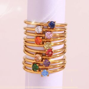 Anillo solitario E B belle 12 meses CZ anillos de piedra natal para mujer chapado en oro Acero inoxidable Zodiaco regalo de cumpleaños joyería 231016