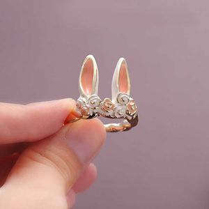Solitaire ring Easter Day schattig konijn dieren mode opening verstelbare metalen wortel bunny oor zirkoon crystal sieraden geschenken y2302
