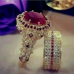 Anillo solitario elegante color dorado anillo de hip hop para mujer moda con incrustaciones de circón piedras rojas anillos de boda conjunto fiesta joyería de compromiso nupcial 231218