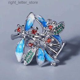 Solitärring Exquisiter 925 Silber Blumenring Farbe Zirkon Blau Kleiner Ring Eleganter Damen Hochzeitsring Schmuck Ehering Blumenring YQ231207