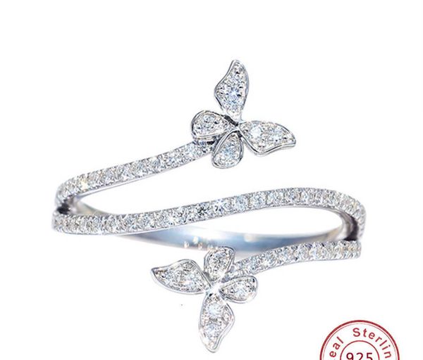 Anillo solitario moda doble mariposa para mujer plata claro zirconio laboratorio diamante boda compromiso regalo joyería al por mayor 230613