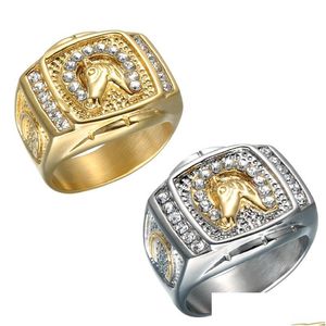 Bague Solitaire Mode Or Hip Hop Tête De Cheval Pour Hommes En Acier Inoxydable Rock Punk Cool Biker Thoroughbred Racing Association Animal Rin DH14E