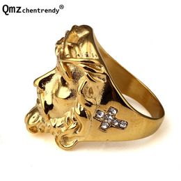 Solitaire Ring Mode Roestvrij Staal Vergulde Bling Ice Out CZ 3D Christus Jezus Hoofd Stuk Ring Hip Hop Maat 6-12 Voor Mannen Vrouwen Sieraden 230620