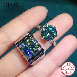 Anillo solitario Geoki Plata de ley 925 Grano grande Azul Verde Pareja Anillos Piedra principal 11 mm 5 quilates Lujo Esmeralda Jewwelry 230511