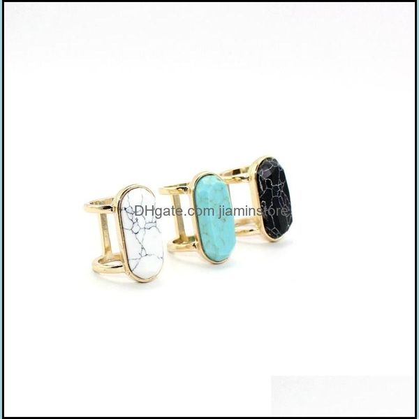 Bague Solitaire Plaqué Or Pierre Naturelle Facette Géométrie Ovale Blanc Bleu Turquoise Pour Femmes Bijoux Drop Delivery Otz1N