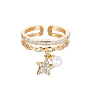 Anillo solitario de color dorado y plateado para mujer, clásico, tamaño ajustable, más perla de imitación, colgante de estrella CZ, accesorios de joyería elegantes 2021 Z0603