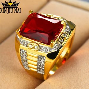 Solitaire ring Prachtige mannelijke Big Red Stone S925 Ring Fashion 18KT Geel goud gevulde vintage bruiloft verlovingsringen voor mannen Geschenken voor mannen 230404