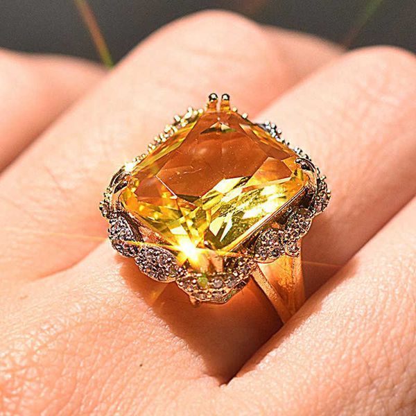 Anillo solitario HOYON Hipérbole Topacio de color oro de 14 quilates para mujer 925 Astilla Bizuteria Bague Joyería de piedras preciosas amarillas medianas Envío gratis Y2302