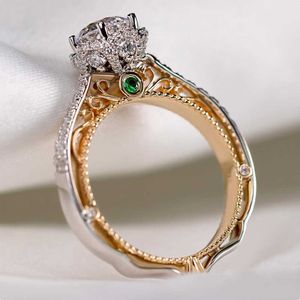 Solitaire Ring Huitan Luxe Klassieke 6 Claw Crystal Zircon Ring Vrouwen Bruiloft Sieraden Uniek Tweekleurig Ontwerp Elegante Vrouwelijke Verlovingsring Hot Z0313