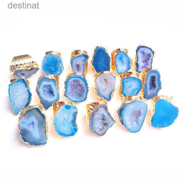 Anneau solitaire anneau de pierre naturelle irrégulière Géode véritable trou de pierre authentique ouverte pour les femmes anneaux réglables en cristal bleu Randoml231220