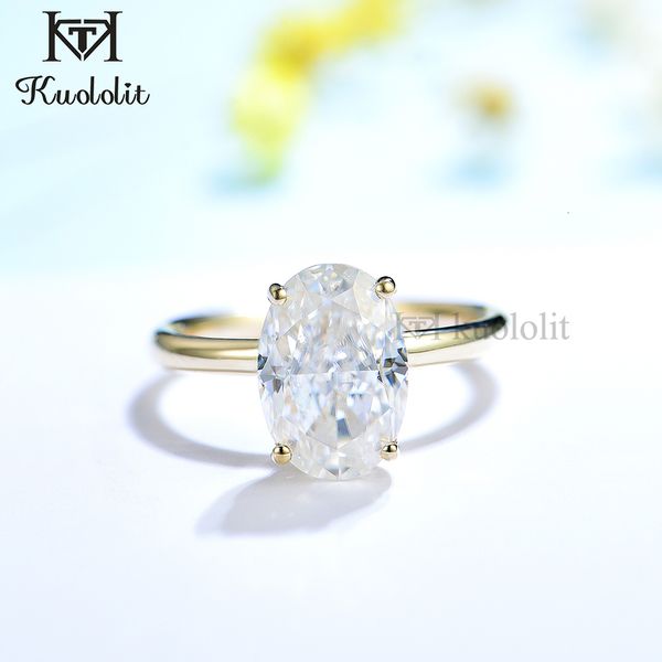 Anillo solitario Kuololit 3.5CT Hielo triturado Oval 18K 14K Anillo de oro amarillo para mujer D VVS Anillo solitario para fiesta de compromiso Boda 230506