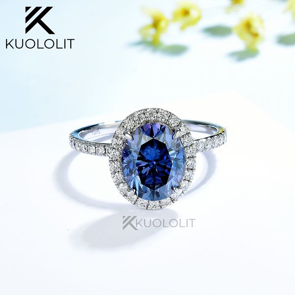 Solitaire Bague Kuololit 3CT Bleu Moissanite pour Femme Solide 14K 10K Or Jaune Origanal Couleur Ovale Fiançailles Noël 221119