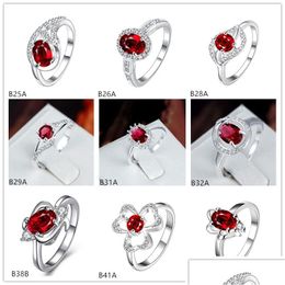 Solitaire ringbladeren Flower Red Gemstone 925 Sier GTGR3 Hoogwaardige Sterling Geplaatste ringen 10 stuks Gemengde stijl Drop levering sieraden DHWNY DHWNY