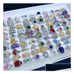 Solitaire Ring Light Luxury Crystal Zircon Stone Rings Real Gold Plate Colorf Zirconia Finger Heavy Industry Micro Pave S925 Sier Ge Dh1O9