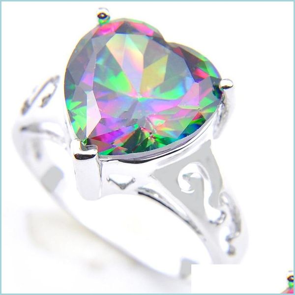 Bague Solitaire Luckyshine Femmes Anneaux De Mariage Amour Coeur Feu Mti-Couleur Arc-En-Ciel Naturel Mystique Topaze Sier Cubique Zircone Bijoux Goutte Dhmfz