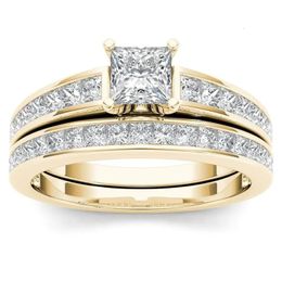 Anillo solitario de lujo 2 piezas conjunto de anillos forma cuadrada mujeres anillo de boda brillante circonita cúbica elegante matrimonio nupcial joyería de compromiso 231218