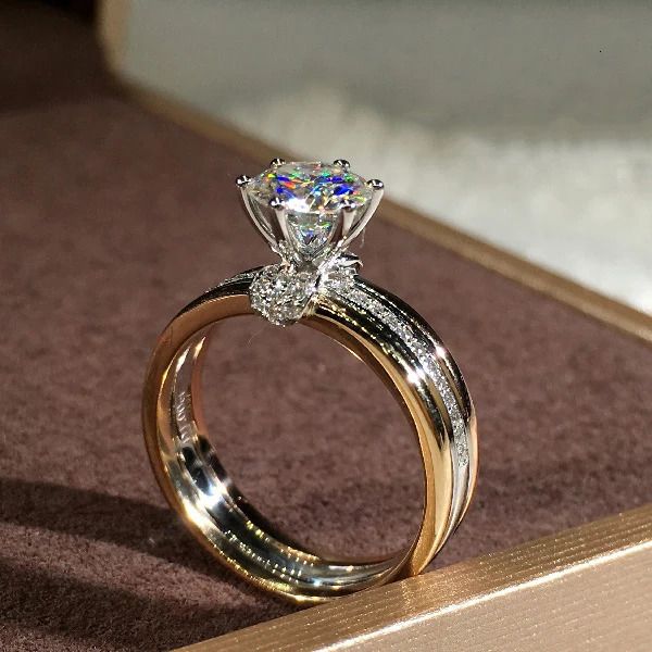 Anillo solitario de lujo para mujer, anillo de circonio blanco, oro rosa, anillo de compromiso de plata, anillo de boda redondo de cristal de novia Vintage 231115