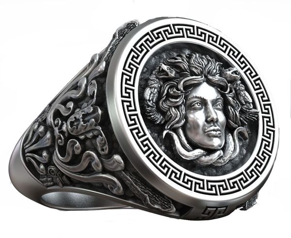 Anillo solitario Medusa Gorgona cabeza de serpiente griego antiguo patrón de meandro sello para mujeres 925 plata esterlina sólida alta moda 230613