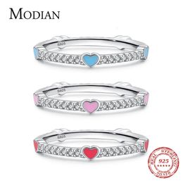 Solitaire Ring MODIAN 925 sterling zilver Romantisch 3 kleuren emaille hartvingerringen voor vrouwen Sparkle Clear CZ Band Valentijnsdag geschenk Anel 231101