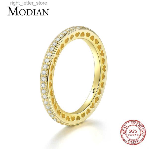 Anillo solitario Modian romántico de plata esterlina 925 para siempre corazones anillo de dedo de color dorado para mujeres boda claro CZ joyería de plata YQ231207