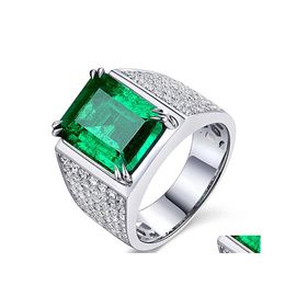 Solitaire Bague Émeraude Naturelle De Luxe Pour Hommes 18K Platine Plaqué Diamant Zircon Trésor Ouvert Sier Anneaux Drop Delivery Bijoux Dh1B3