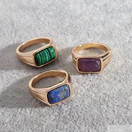 Bague Solitaire Naturel Rec Pierre Anneaux Lapis Lazi Améthyste Malachite Mode Diamètre Intérieur 17Mm Or Couleur Bande Bijoux Pour Femmes Drop De Dherj