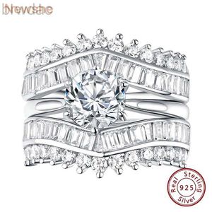 Solitaire Ring Newshe Solid 925 Silt Siltaire Round Cut Engagement Ring Set Guard Band Dehancers For Women CZ Simulate Diamond D240419