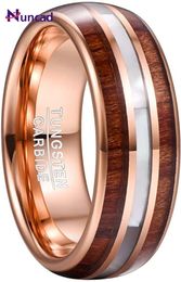 Anneau solitaire nucade 8 mm tungstène ring carbide hawaiian koa bois tungstène acier anneaux mère de la bande de mariage de la coquille de perle couette fit taille 7-12 230607
