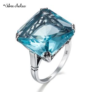 Solitaire Ring Originele 925 Sterling Zilver Aquamarijn Edelsteen Ring Voor Vrouwen Vintage Sprankelende Geboortesteen Vierkant Grote Steen Sieraden Handgemaakt 230424