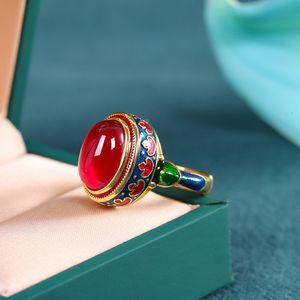Solitaire Ring Original ancien artisanat en or anneaux de cornaline naturelle pour les femmes fleur émail style national lumière luxe bijoux de mariage 230424
