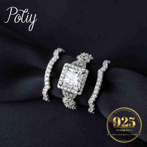 Ring Solitaire POTIY 3PCS 925 STERLING Silver Halo Wedding Engagement Ring Set For Women 2.9CT Princess Cut 5A CZ Fashion Jewelry D240419