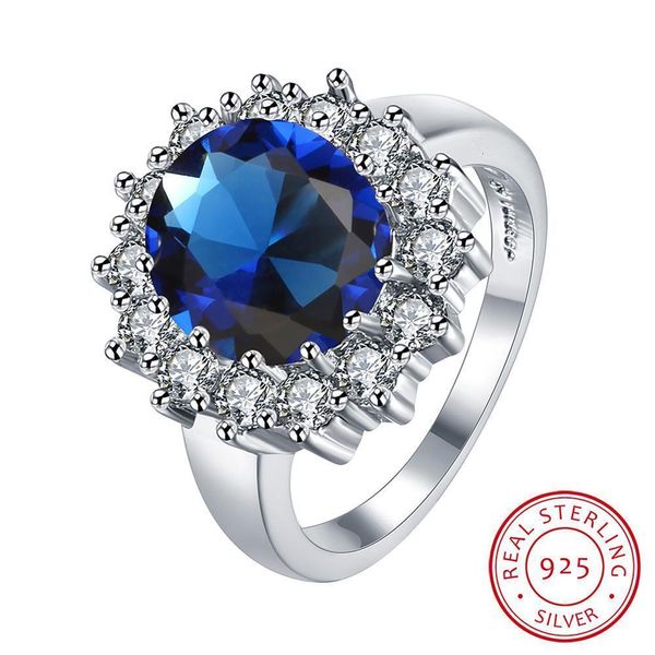 Anillo solitario Princesa Diana William Kate Anillos de piedras preciosas Zafiro Azul Compromiso de boda Anillo de dedo de plata esterlina 925 para mujeres 230508