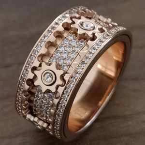 Anillo solitario Punk Turn Gear Ring Luxury Rose Gold Silver Color Zironia Anillo Para Mujeres Hombres Wedding Party Jewelry Accessories Pareja Regalos 230529