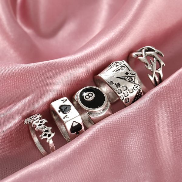 Solitaire Bague Punk Vintage Argent Couleur Poker Billard Ensemble pour Femmes Gothique Coeur Anillos Hip Hop Y2k Mode Coréenne Mâle Cadeau Bijoux 230908