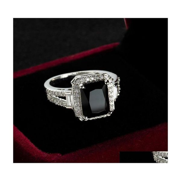 Solitaire Ring Real 925 Sier avec tampon pour femmes Black Zircon Stone Romantic Gift Engagement Bijoux Anillos Mujer10 753 Q2 Drop del Dh1pg