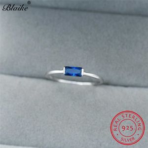 Solitaire Ring Real S925 Sterling Silver Blue Red Blk Zirkon Small Rectangle Stone S For Women Wedding Thin Band Stking S Y2302