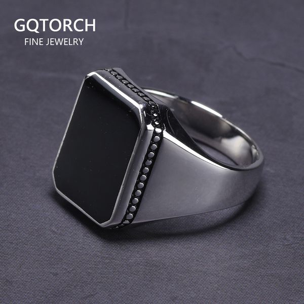 Anillo solitario Real Sólido 925 Anillo de plata esterlina Simple para hombres con cuadrado negro Gel plano Piedra Pulido alto Oriente Medio Joyería turca 230529