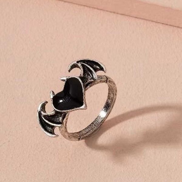 Anillo solitario Retro alas de ángel anillos de corazón negro para mujer moda gradiente cristal circón recorte doble corazón anillos abiertos joyería de dedo regalo Z0313