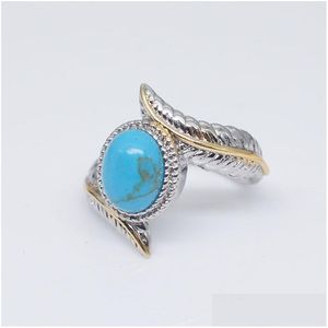 Bague Solitaire Rétro Plume Turquoise Bleu Diamant Anneaux Bande Bijoux De Mode Pour Les Femmes Cadeau De Noël 080351 Drop Delivery Dh3Zy