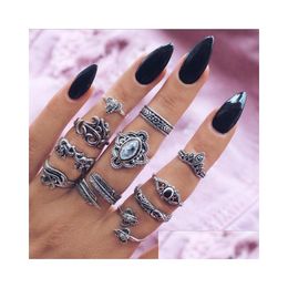 Solitaire ring retro sier kleur knokkelringen voor vrouwen Turkse boho 11pcs midi vinger set sieraden punk drop levering dh3iw