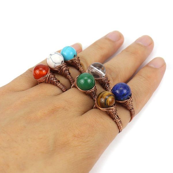 Anillo solitario Envoltura de alambre retro Anillos de bolas artesanales de piedra natural Lapis Lazi Amatistas Ojo de tigre Ópalo Cristal rosa para mujer Joyería Dro Dhzod