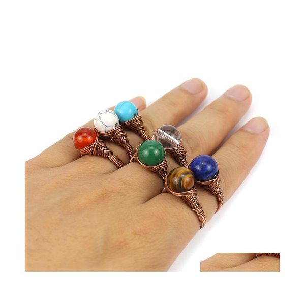 Solitaire Ring Retro Wrap Wrap Natural Stone Craft Ball Ball Rings Lapis Lazi Amethystes Tiger Eye Opal Pink Crystal For Women Jewelry Dro Dhnqi