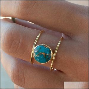 Bague Solitaire Bagues Bijoux Style Européen Et Américain Pour Femmes Cuivre Plaqué Or 18K Exagéré Rond Turquoise Naturelle Y0611 Drop Delive