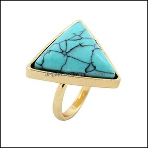 Solitaire Bague Anneaux Bijoux De Mode Triangle En Forme De Bleu Turquoise De Mariage Rétro Punk Pierre Naturelle Plaqué Or Pour Les Femmes Fine Drop Deliver