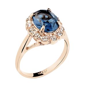 Bague solitaire plaquée or rose de forme ovale avec cristal d'élément bleu saphir et zircone cubique ronde transparente Jewe Am7Nm