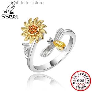 Solitaire Ring S'STEEL 925 Sterling Zilver Zonnebloem Roterende Ringen Voor Vrouwen Diamant Angst Fidget Verstelbare Ring Luxe Designer Sieraden YQ231207