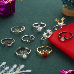 Solitaire ring Verkoop van kerstserie Kerstreeks Copper Elk Deer Head Antler Zirkon Imitatie Pearl Opening Verstelbare ringen Drop del SZ