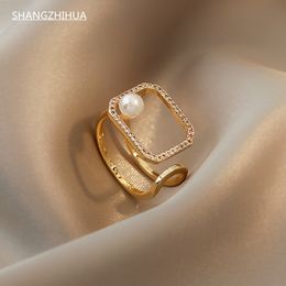 Solitaire Ring SHANGZHIHUA Design Klassiek Hol Vierkant Parel Voor Dames Stijlvol Koreaans Sieraden Feest Ongebruikelijk 230621