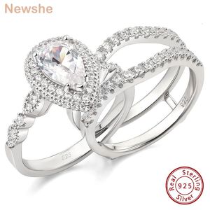 Anillo solitario ella 2 Piezas Anillo de Compromiso de Plata de Ley 925 Banda de Boda Realzador para Mujeres Corte de Pera AAAAA Tamaño de Joyería de Circón 4-13 230617